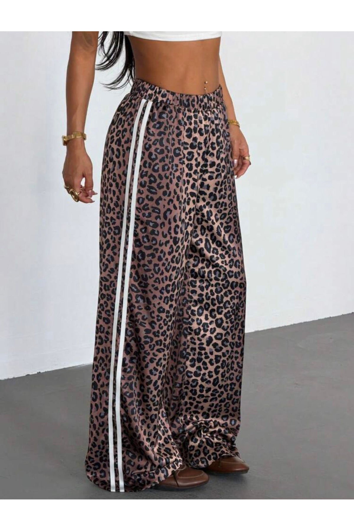 Leopar Detail Çift Çizgili Y2K Style Pantolon Eşofman