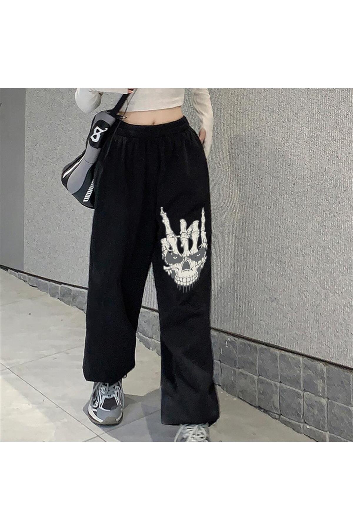 Gothic Skull Hand Baskılı Oversize Unisex Siyah Eşofman Altı