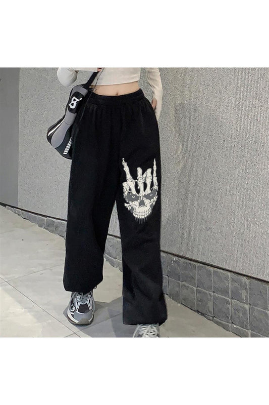 Gothic Skull Hand Baskılı Oversize Unisex Siyah Eşofman Altı