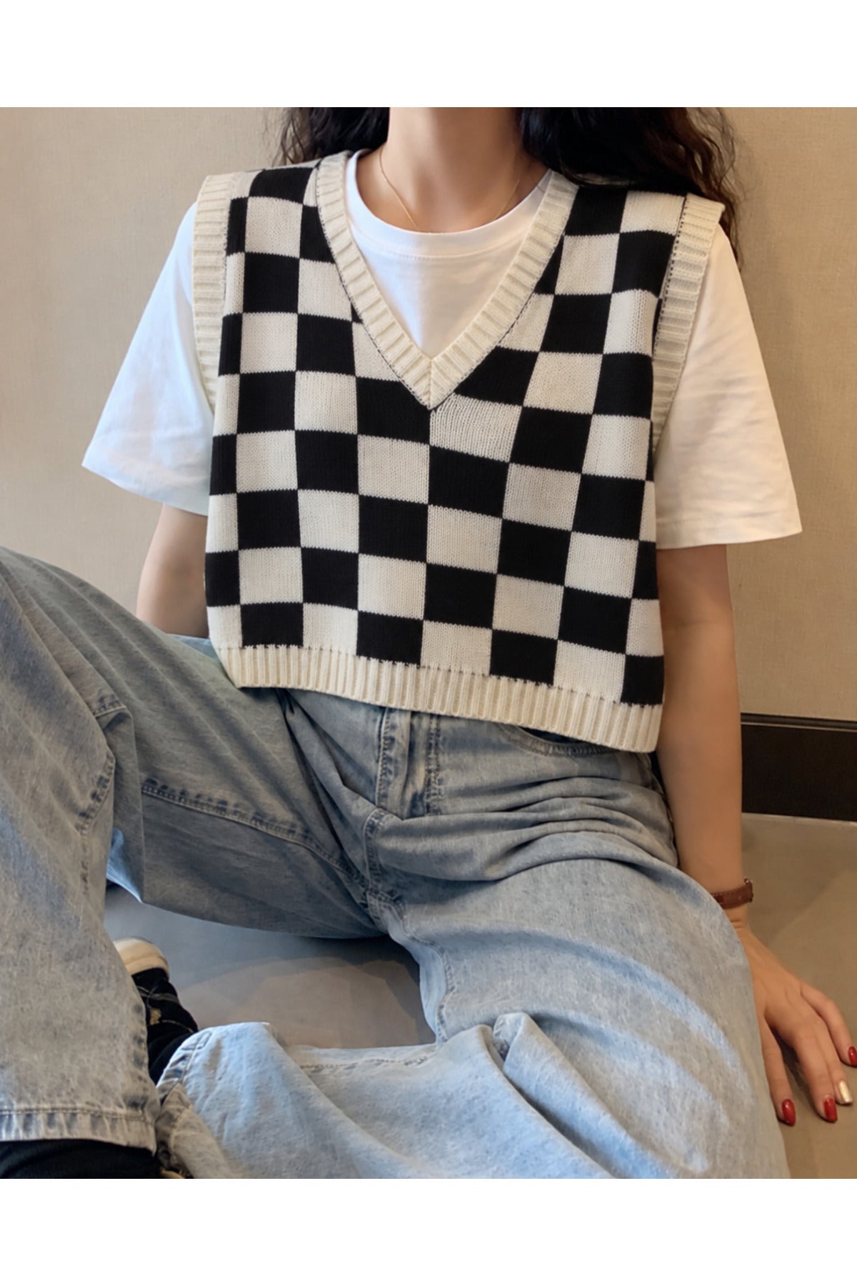 Harajuku Siyah Beyaz Kareli Oversize Unisex Süveter - Beyaz
