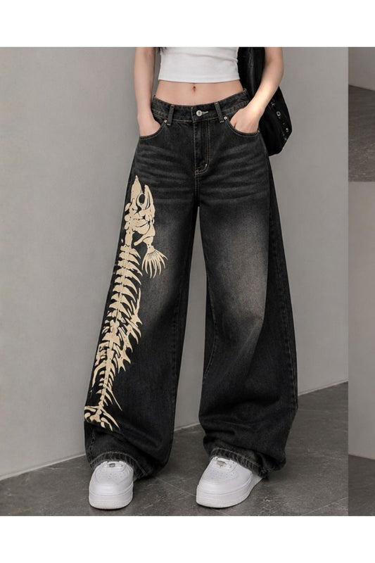 Fishbone Print Baskılı Harajuku Y2K Baggy Jean Pantolon