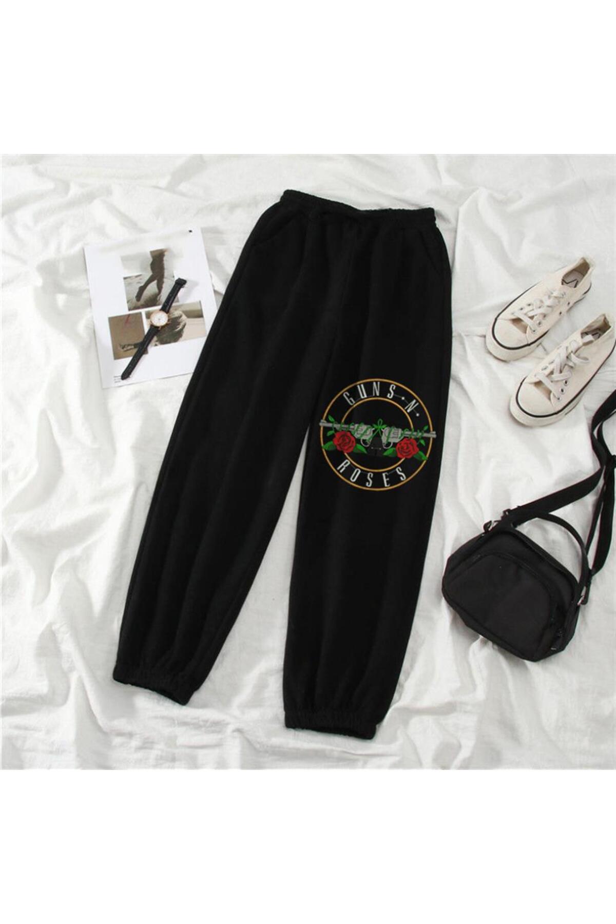 Rock Serisi Guns N Roses Baskılı Oversize Unisex Siyah Eşofman Altı