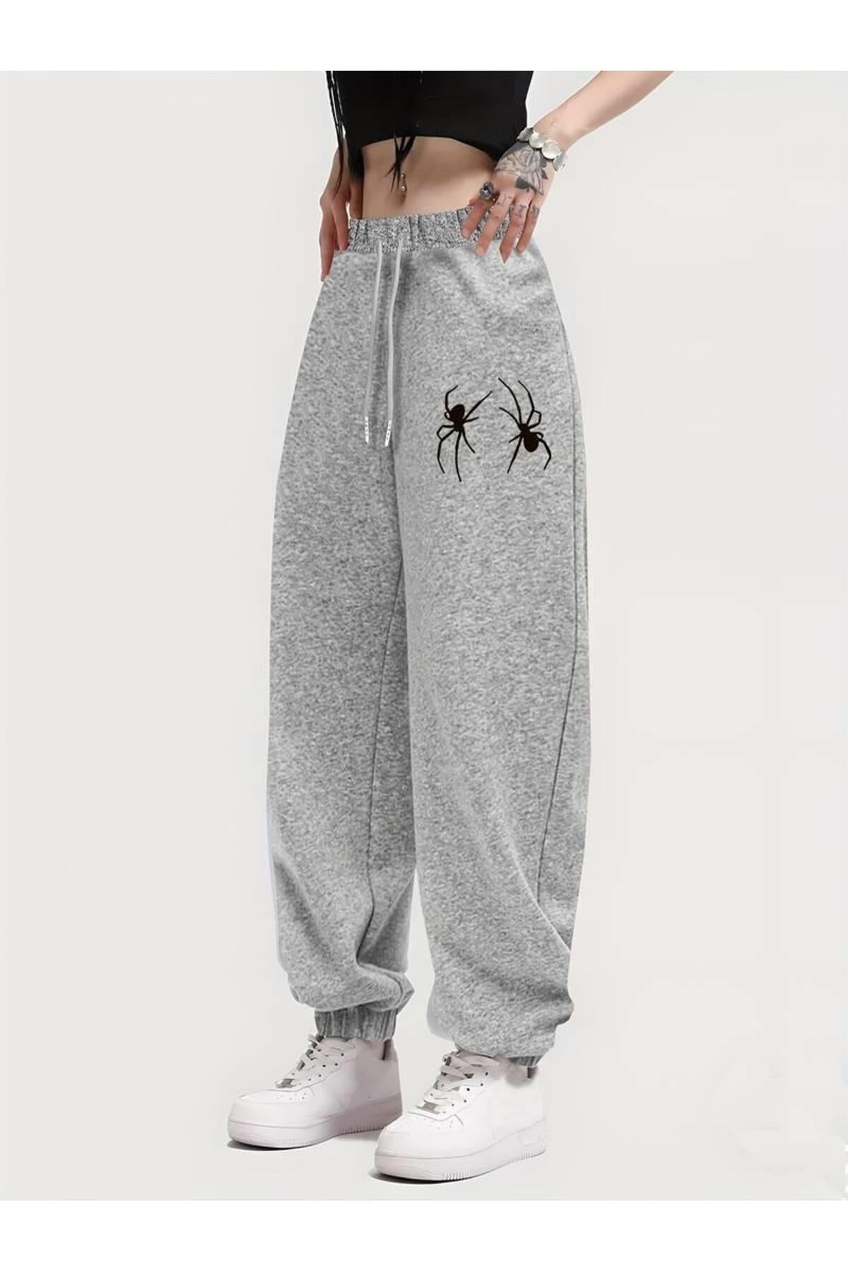 Spider Baskılı Unisex Gri Eşofman Altı