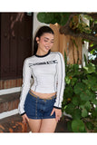 Streetwear Tarzı Siyah Detaylı Beyaz Uzun Kollu Crop Bluz - Beyaz