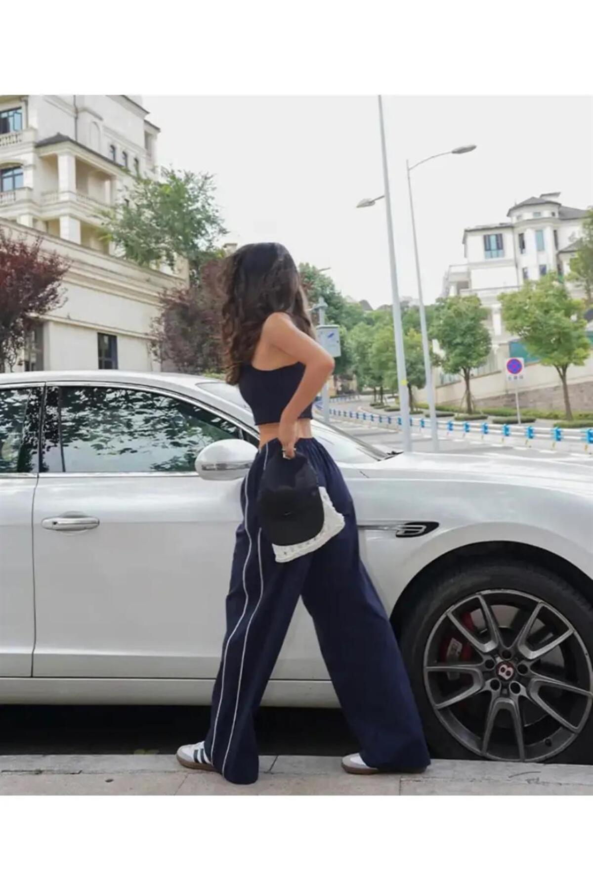 Harajuku Zip Detail Çift Çizgili Navy Blue Tracksuit Oversize Lacivert Eşofman Altı