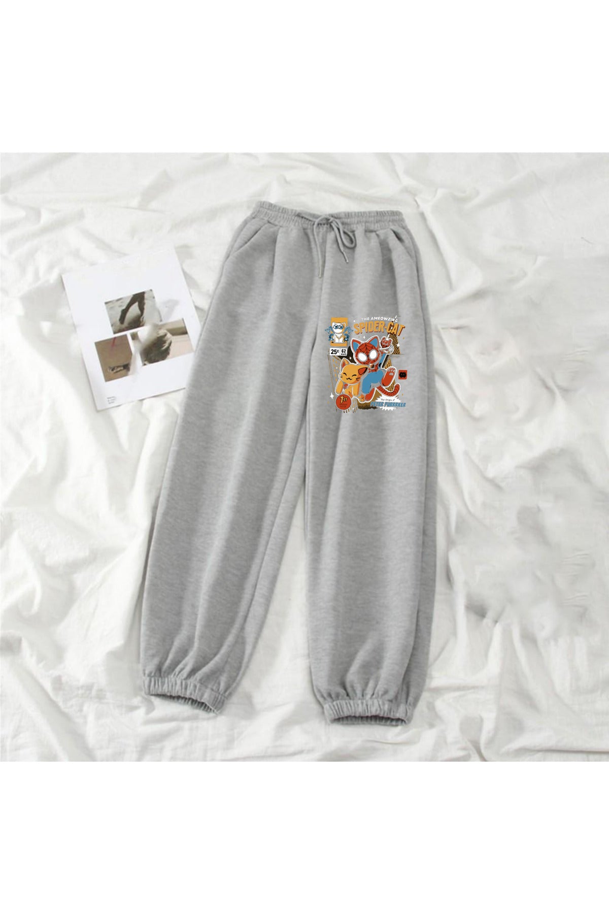 Spider Cat Baskılı Unisex Gri Eşofman Altı