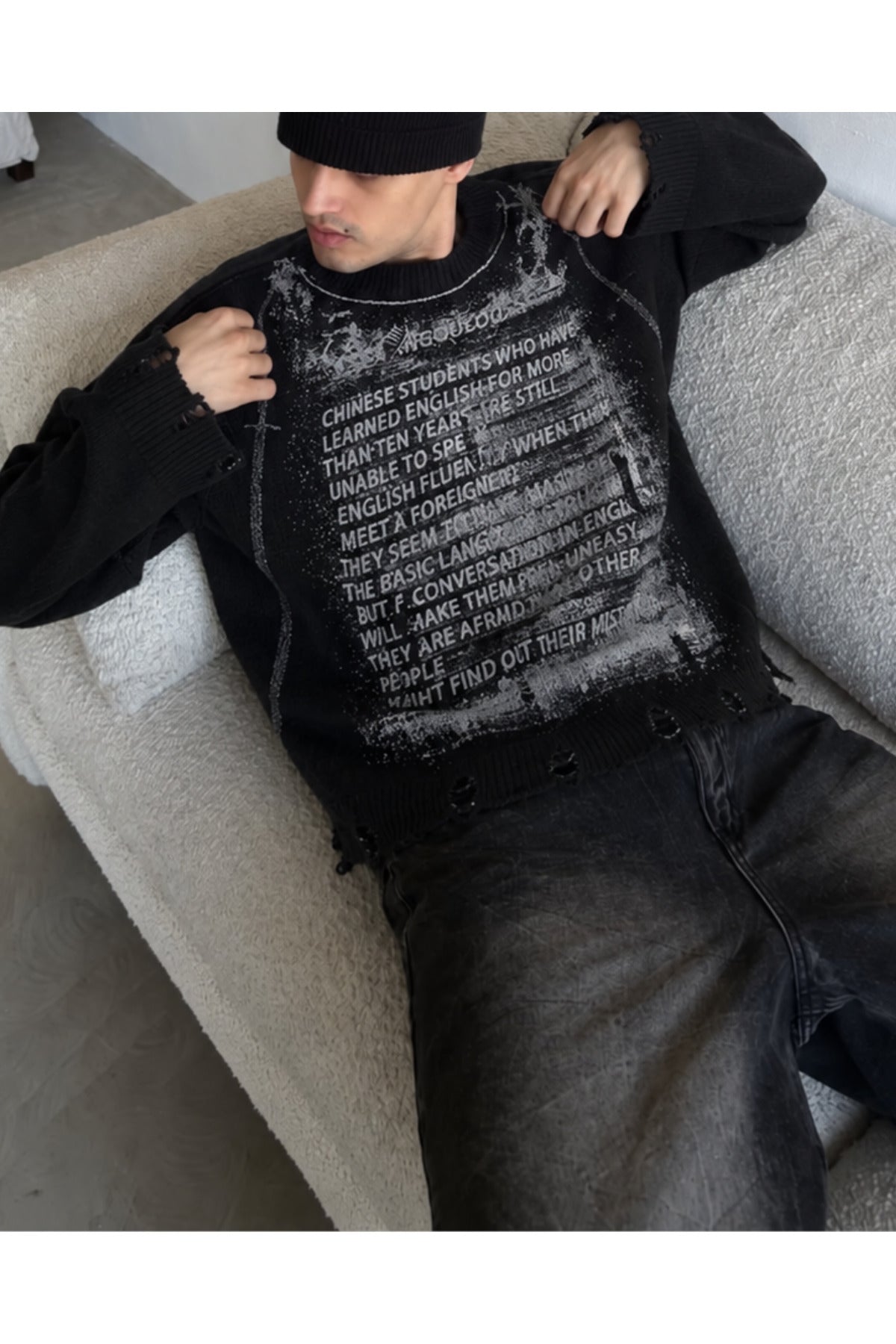 Vintage Harajuku Graffiti Desenli Unisex Oversize Siyah Kazak - Siyah