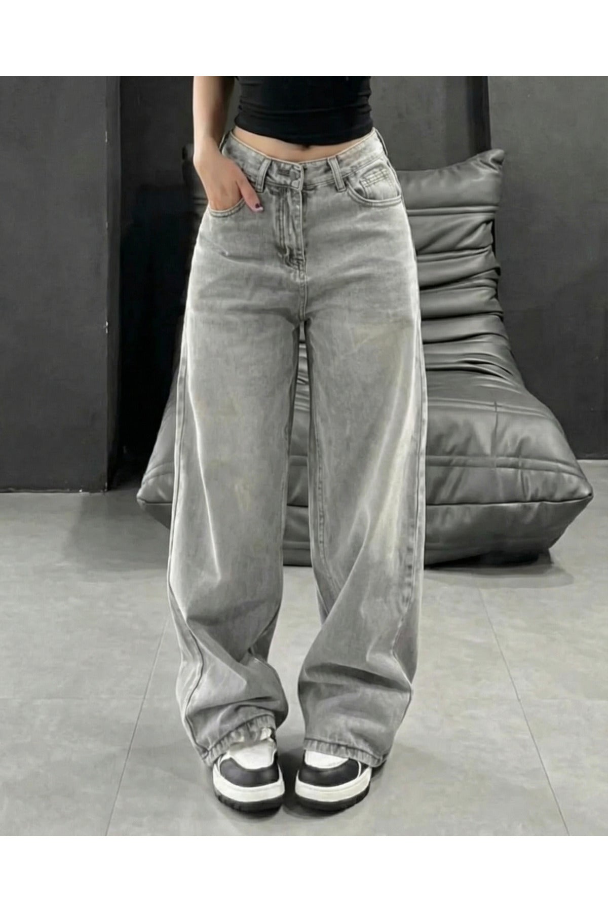 Y2K Streetwear Detail Gri Jean Pantolon