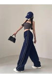 Harajuku Zip Detail Çift Çizgili Navy Blue Tracksuit Oversize Lacivert Eşofman Altı