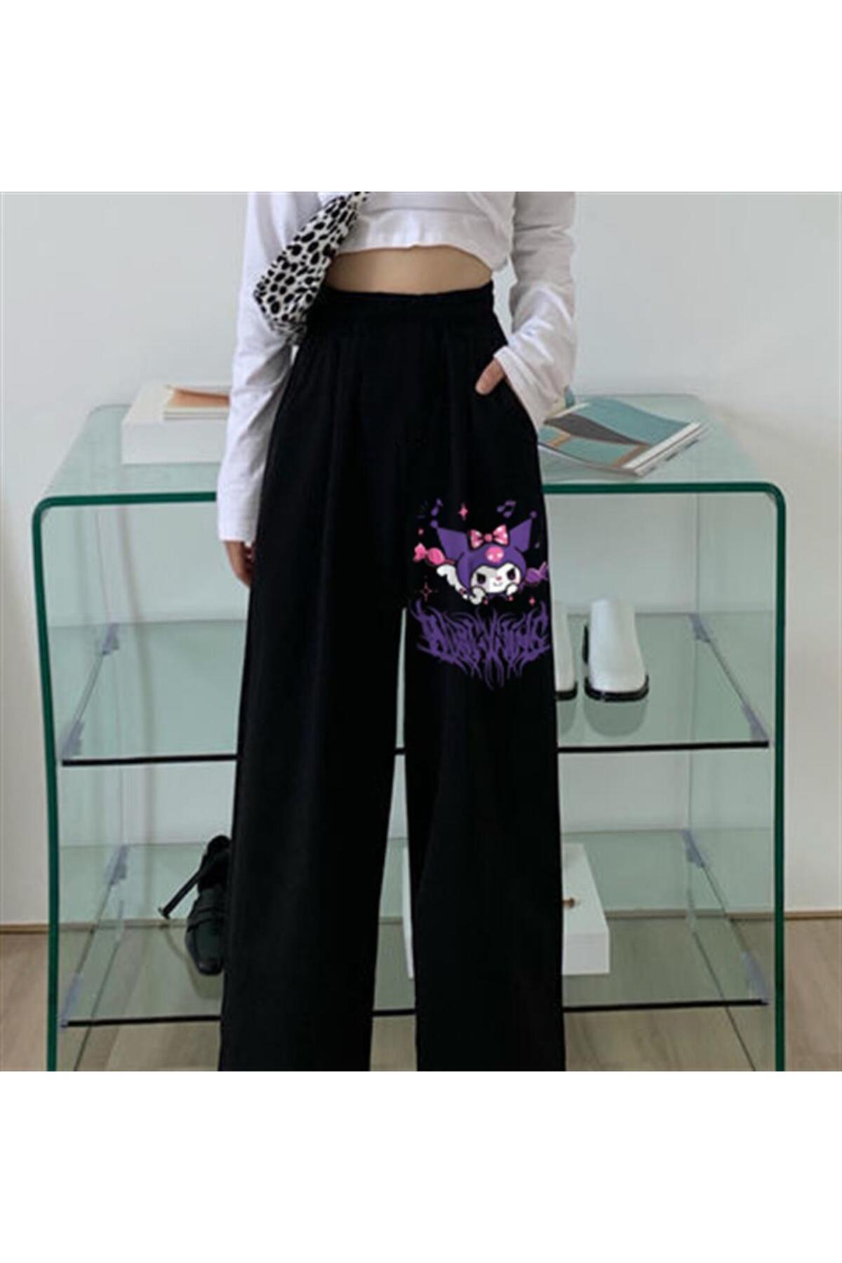 Kuromi Baskılı Oversize Unisex Siyah Eşofman Altı