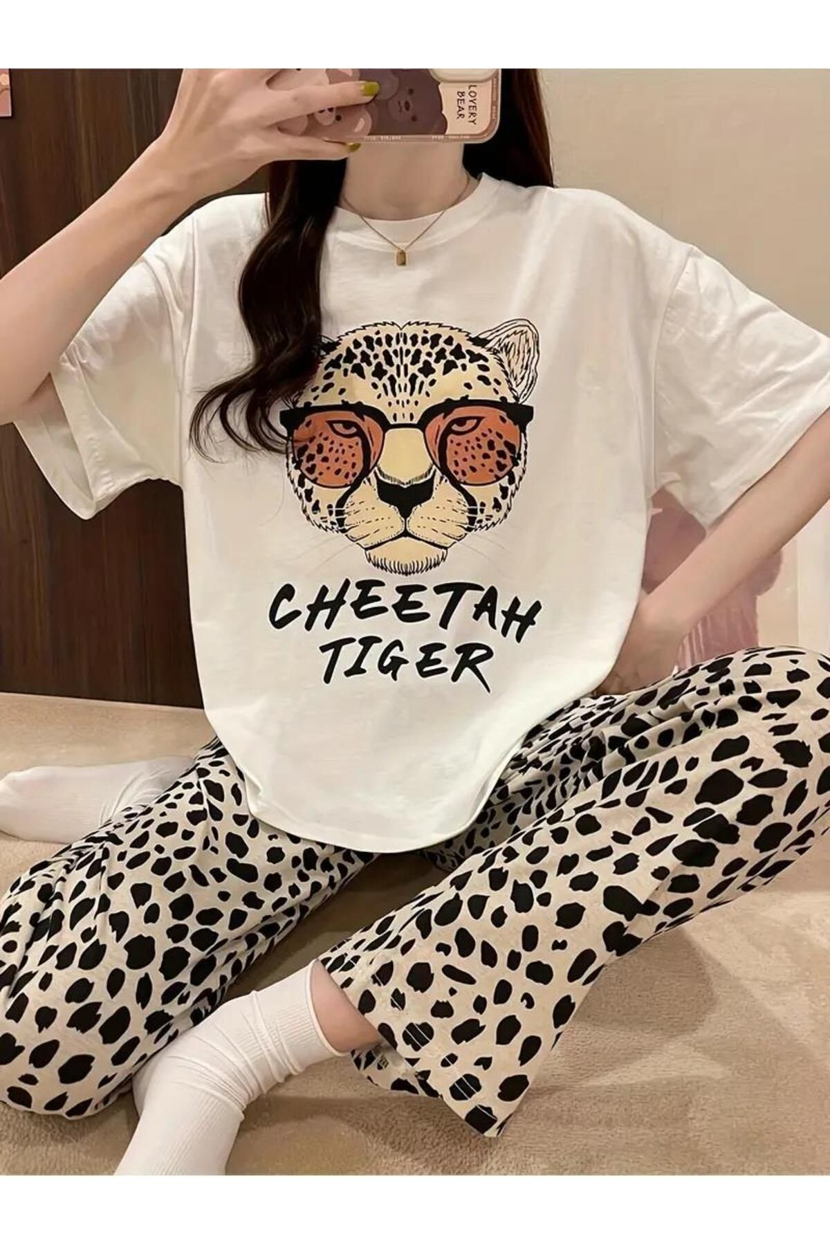 Çita Tiger Desenli Oversize Unisex T-shirt