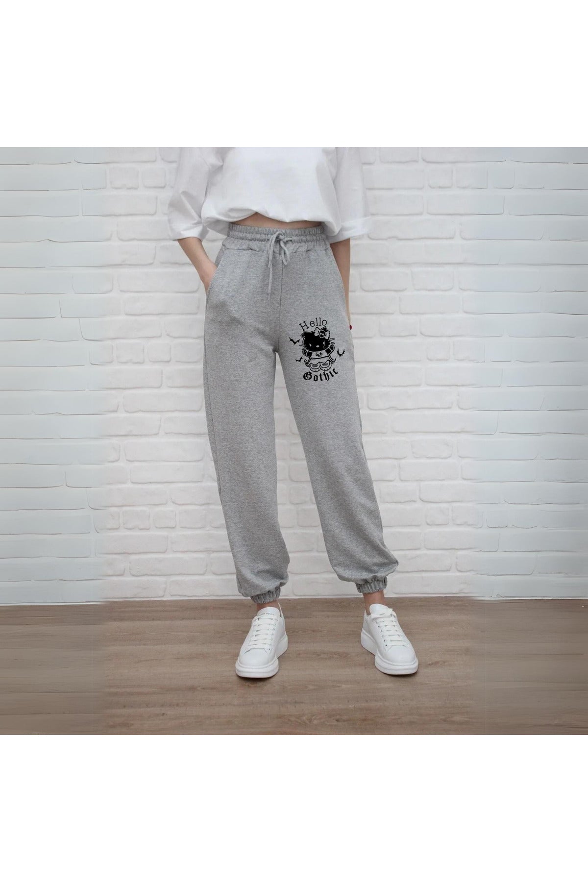 Hello Gothic Baskılı Unisex Gri Eşofman Altı