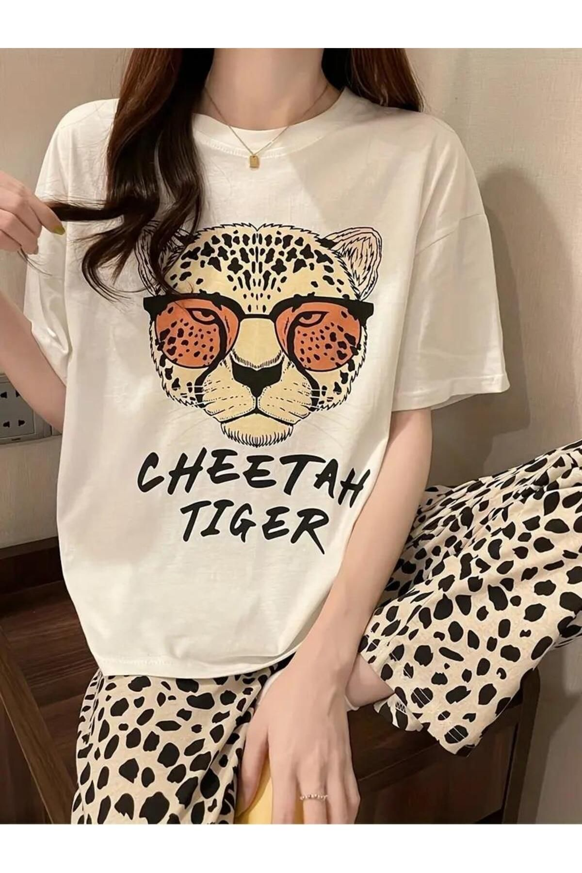 Çita Tiger Desenli Oversize Unisex T-shirt