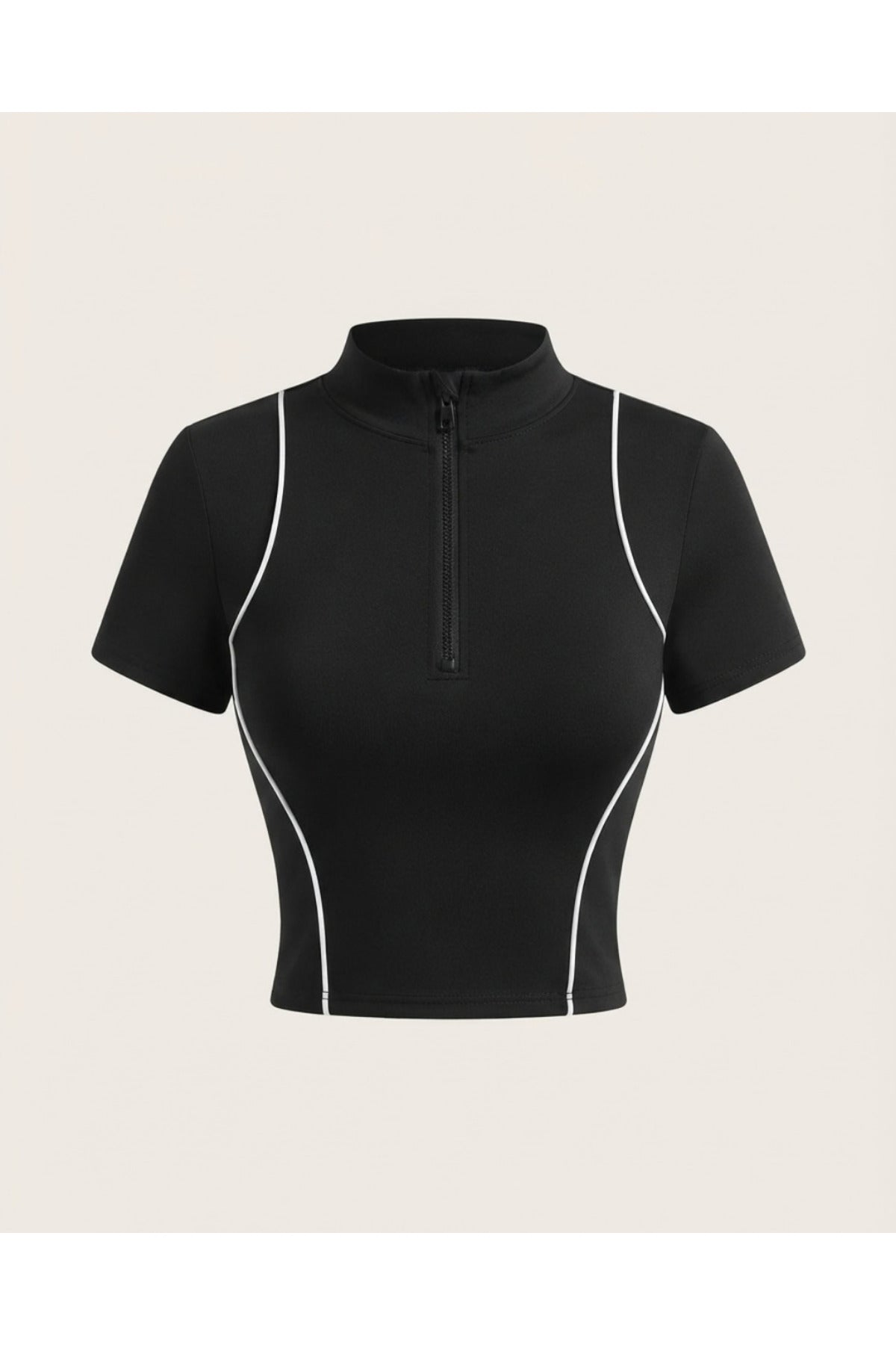Biyeli Çizgi Detaylı Slim Fit Yarım Fermuarlı Bluz Croptop - Siyah