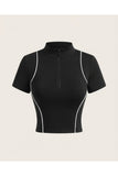 Biyeli Çizgi Detaylı Slim Fit Yarım Fermuarlı Bluz Croptop - Siyah