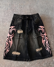 Siyah Taşlamalı Grunge Pembe Tribal Baskılı Harajuku Y2K Unisex Şort