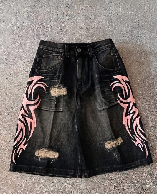 Siyah Taşlamalı Grunge Pembe Tribal Baskılı Harajuku Y2K Unisex Şort