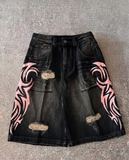 Siyah Taşlamalı Grunge Pembe Tribal Baskılı Harajuku Y2K Unisex Şort