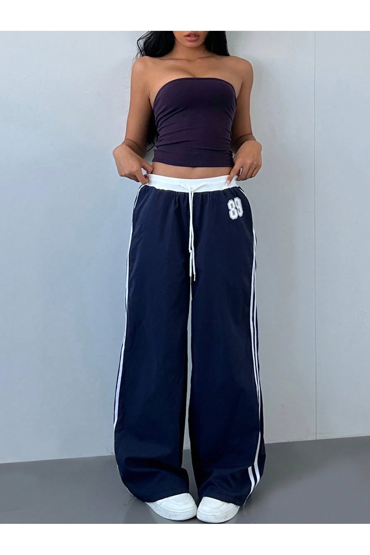 89 Number Oversize Bel İp Detaylı Lacivert Baggy Eşofman Altı