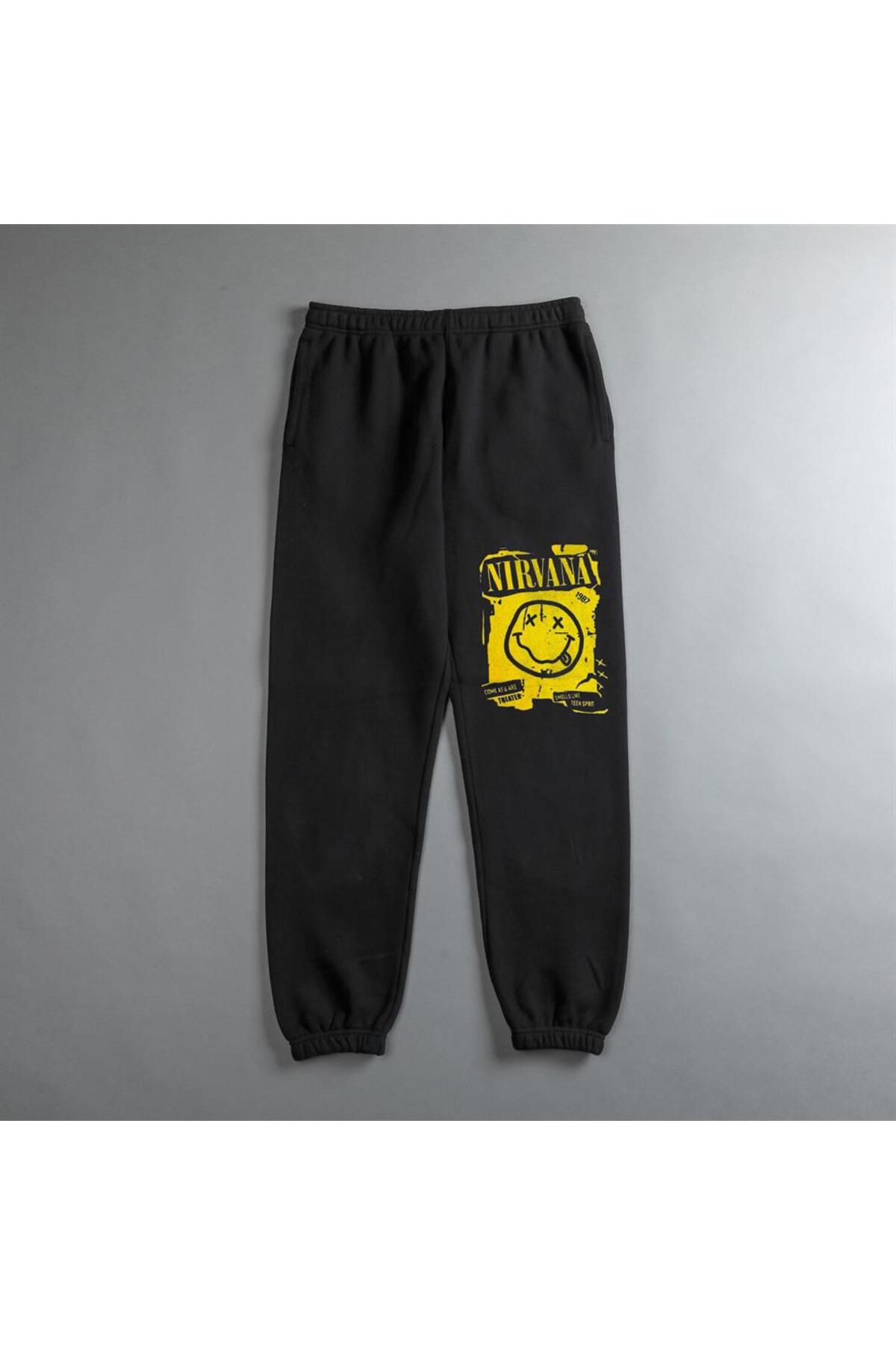 Rock Serisi Nirvana Smile Baskılı Oversize Unisex Siyah Eşofman Altı