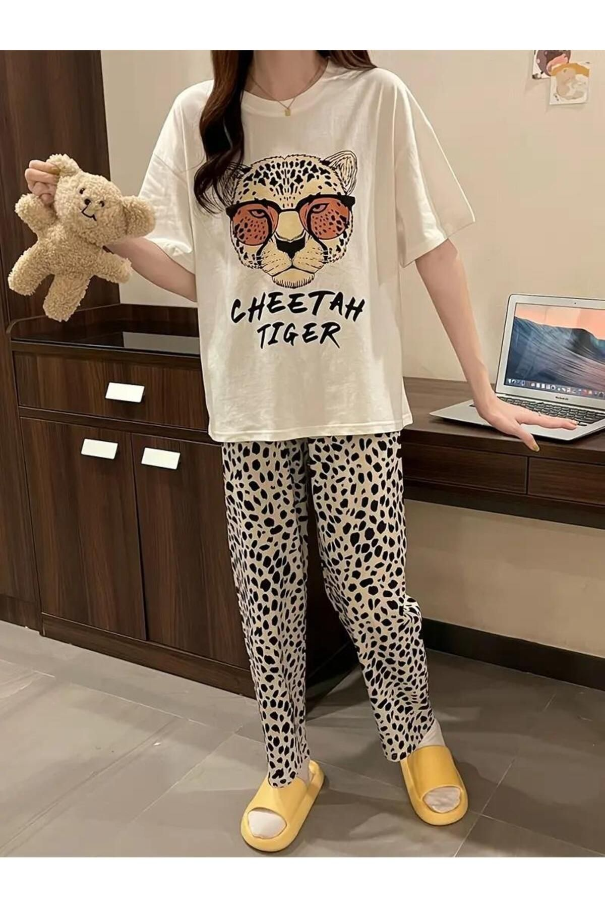 Çita Tiger Desenli Oversize Unisex T-shirt