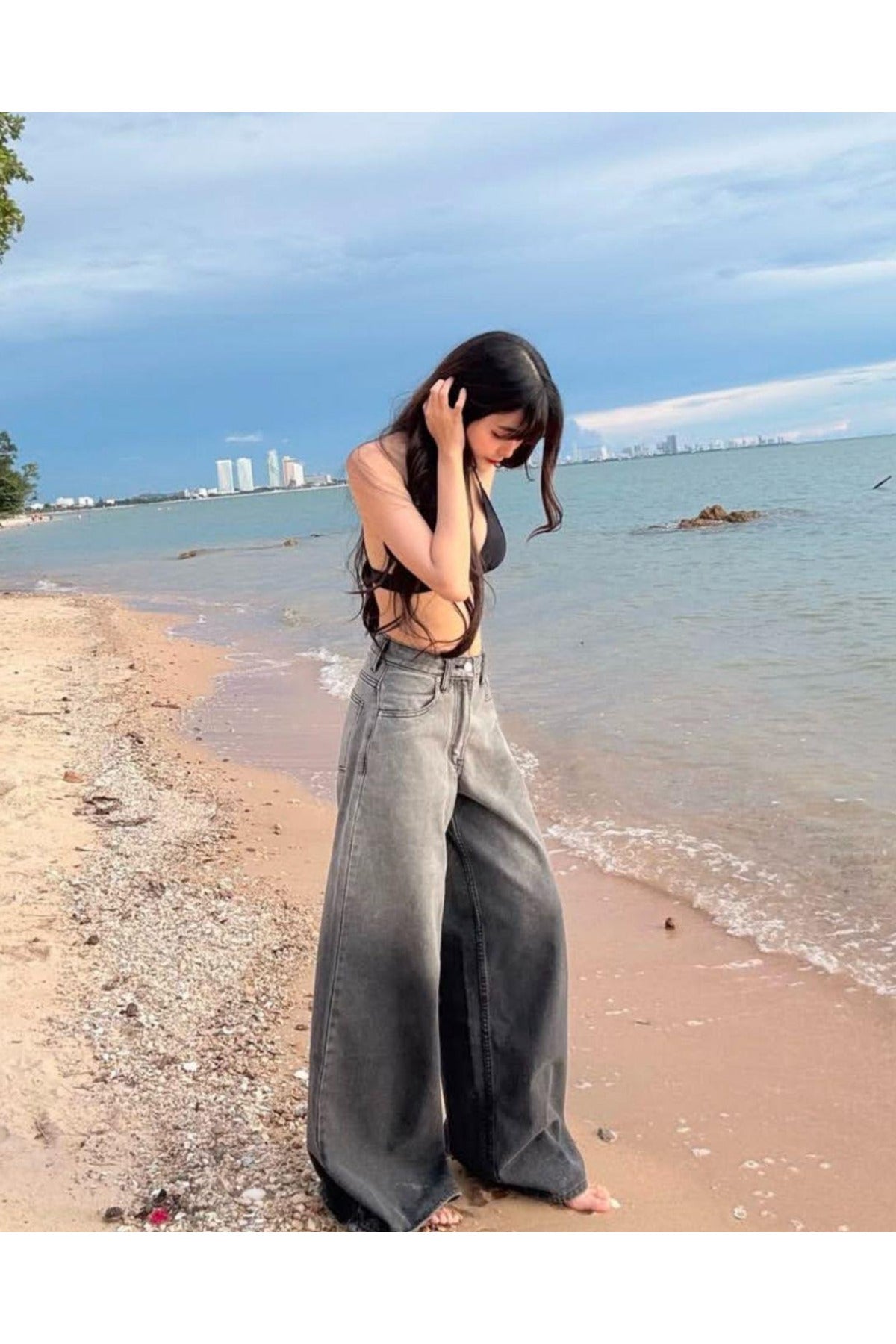 Streetwear Gri Parçalı Baggy Jean Pantolon