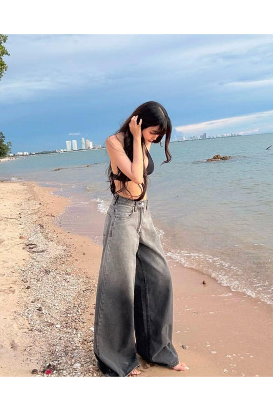 Streetwear Gri Parçalı Baggy Jean Pantolon