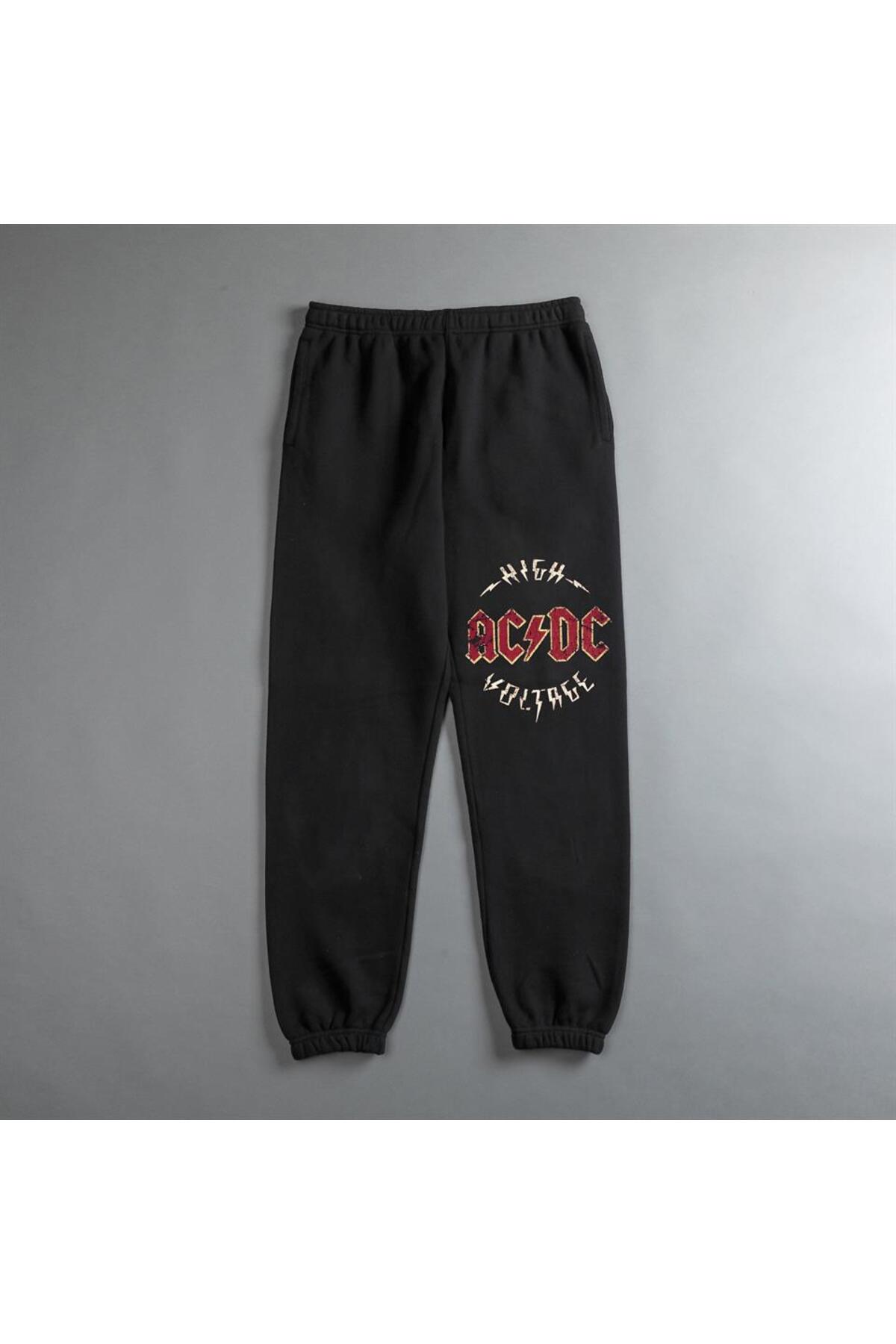 Rock Serisi AC/DC Logo Baskılı Oversize Unisex Siyah Eşofman Altı