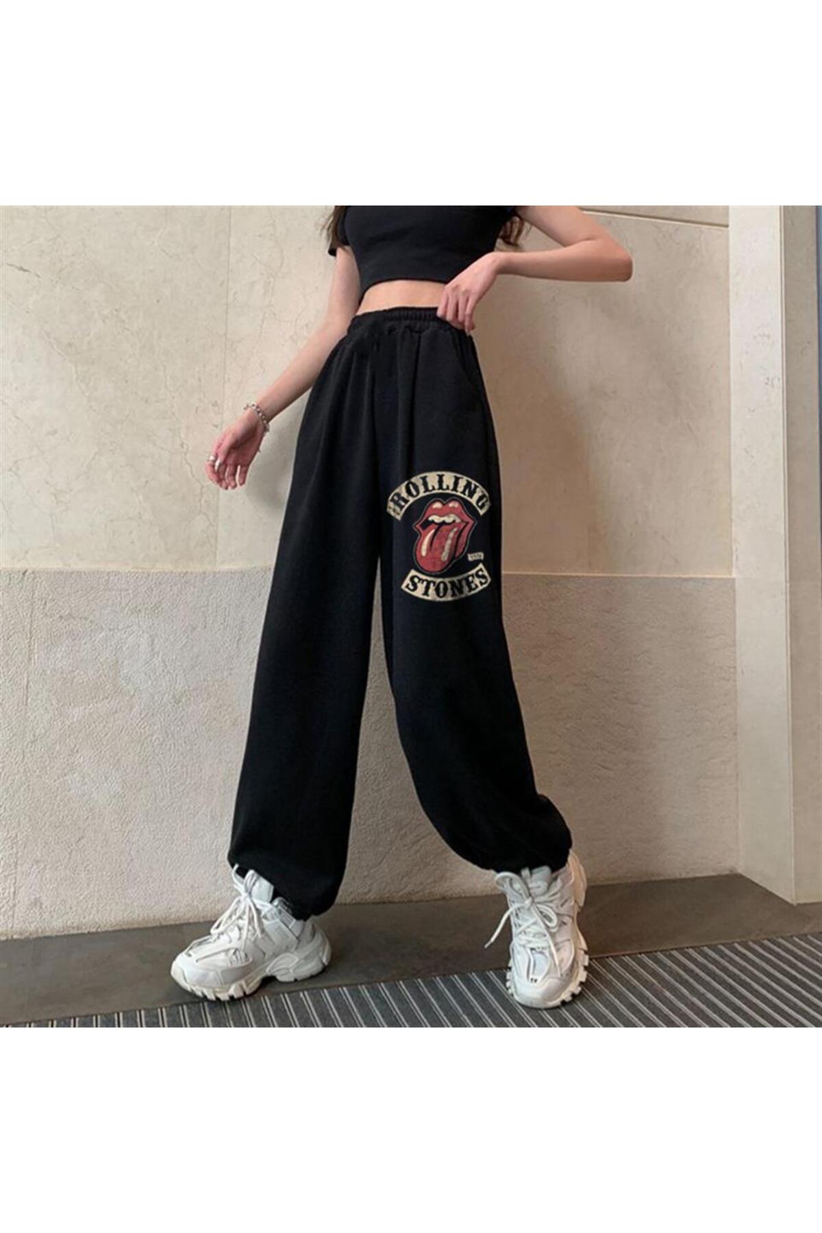 Rock Serisi Rolling Stones Vintage Baskılı Oversize Unisex Siyah Eşofman Altı
