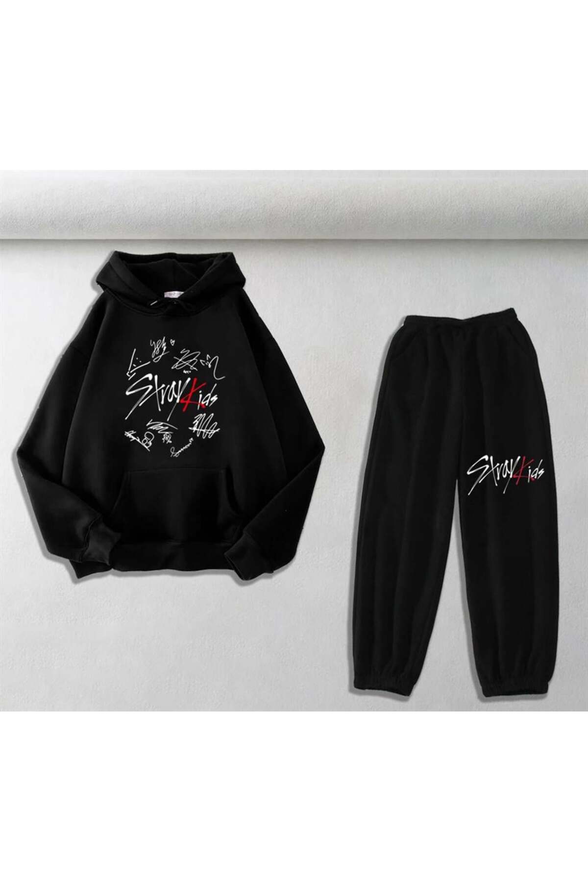 Stray Kids Baskılı Siyah Oversize Kapüşonlu Sweatshirt & Eşofman Altı Unisex İkili Takım