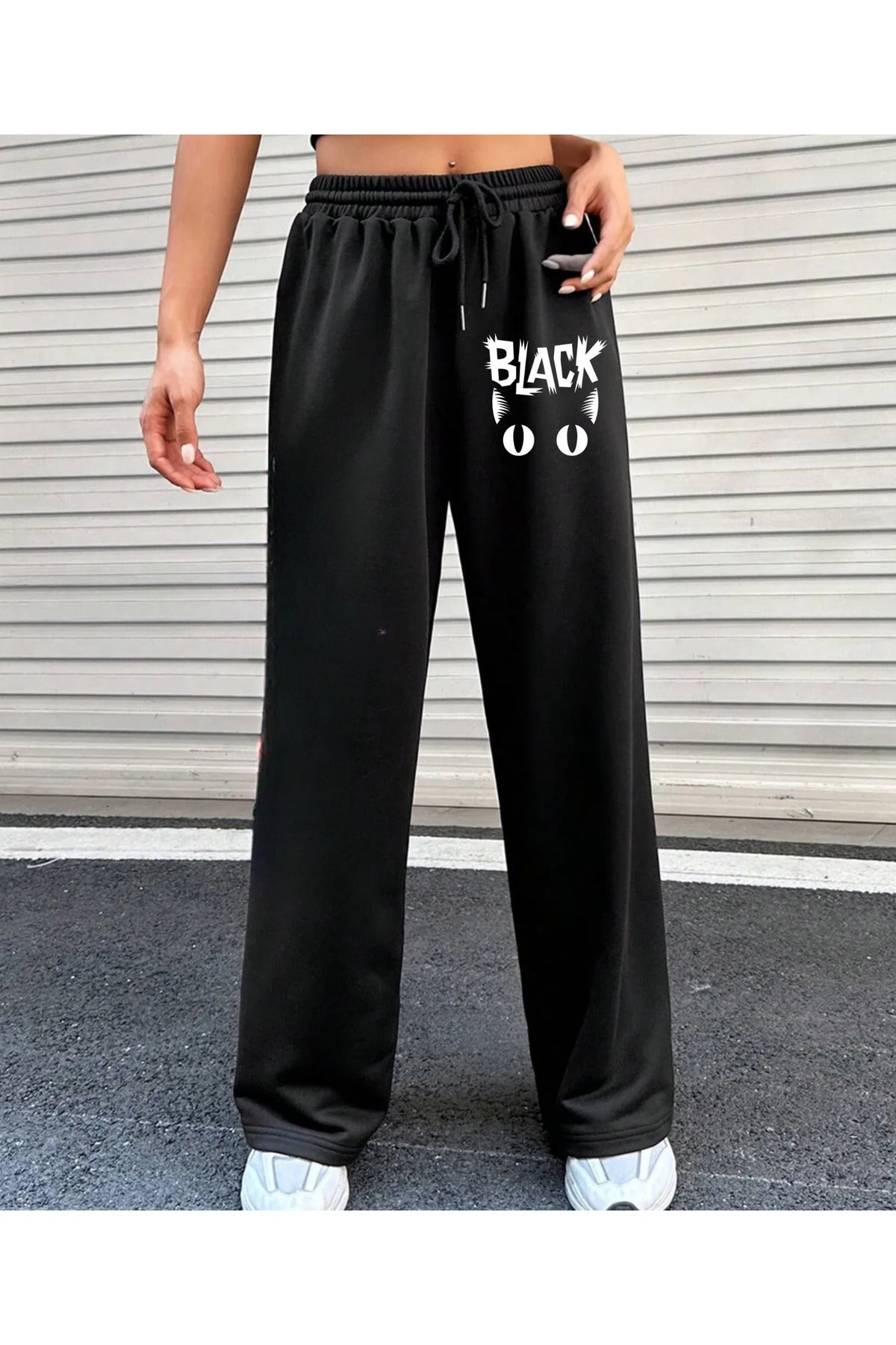 Sokak Tarzı Black Cat Baskılı Unisex Baggy Eşofman