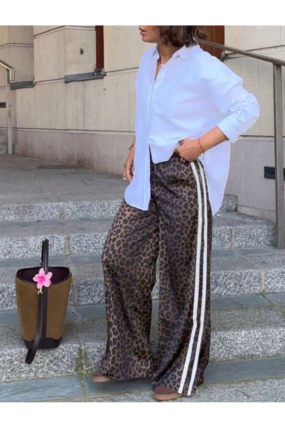 Leopar Detail Çift Çizgili Y2K Style Pantolon Eşofman
