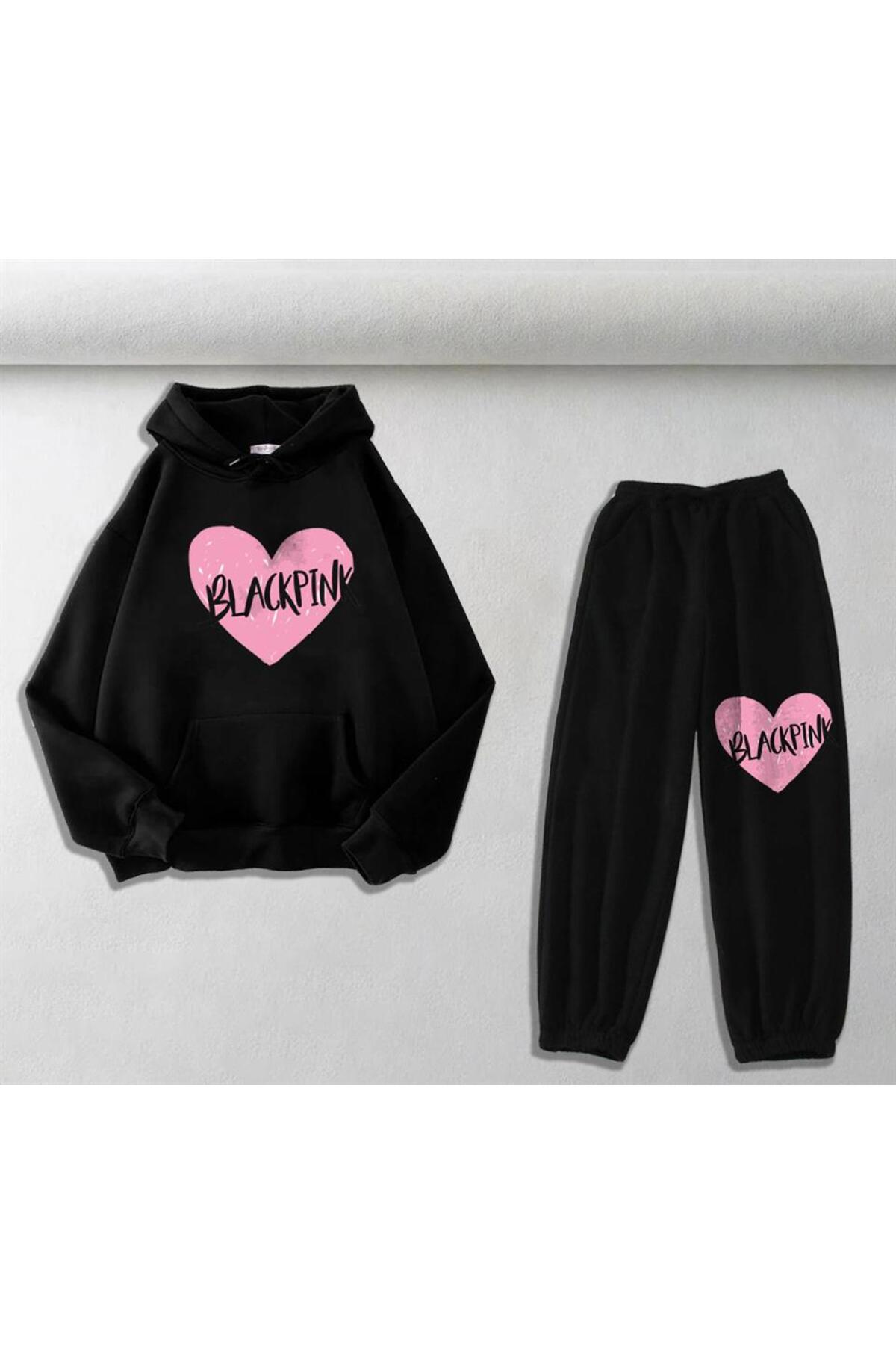Blackpink Baskılı Siyah Oversize Kapüşonlu Sweatshirt & Eşofman Altı Unisex İkili Takım