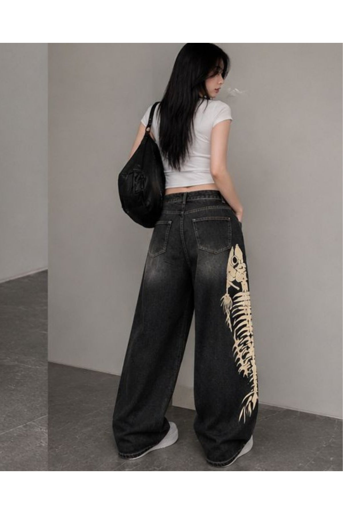 Fishbone Print Baskılı Harajuku Y2K Baggy Jean Pantolon