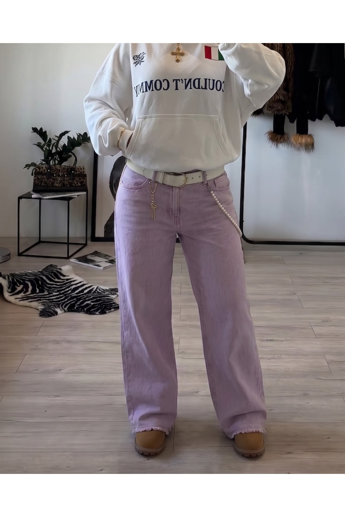 Streetwear Pink Parçalı Baggy Jean Pantolon