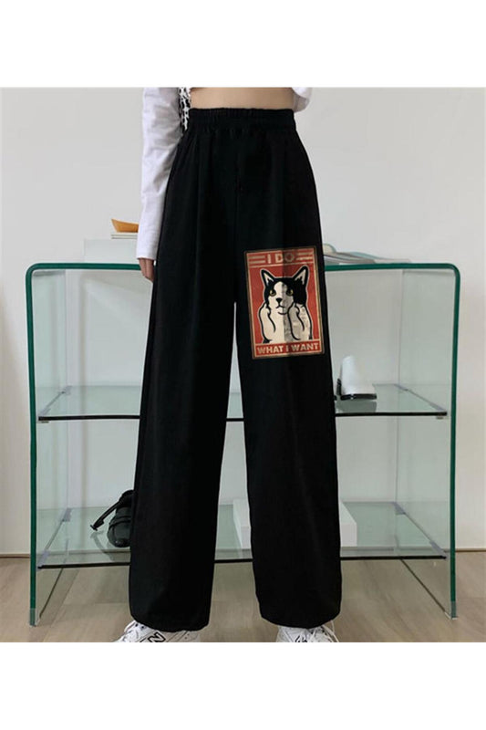Eyl I Do What I Want Baskılı Oversize Unisex Siyah Eşofman Altı
