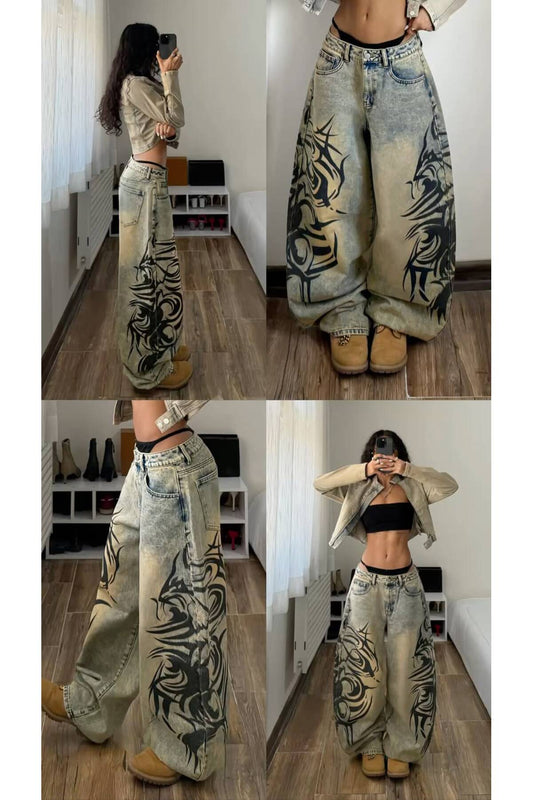 Gothic Print Baskılı Harajuku Y2K Baggy Jean Pantolon