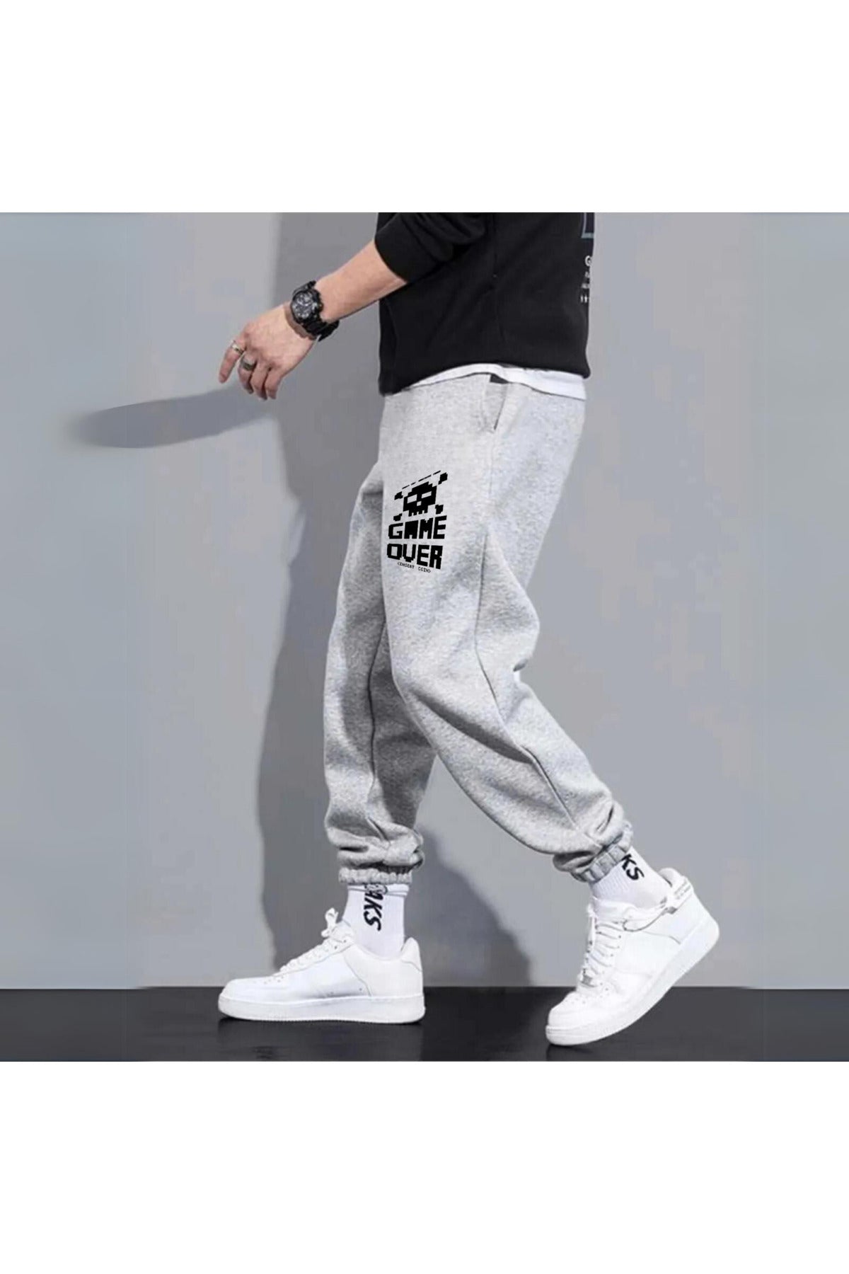 Game Over Baskılı Unisex Gri Eşofman Altı