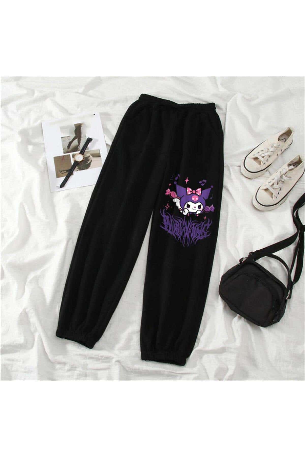 Kuromi Baskılı Oversize Unisex Siyah Eşofman Altı