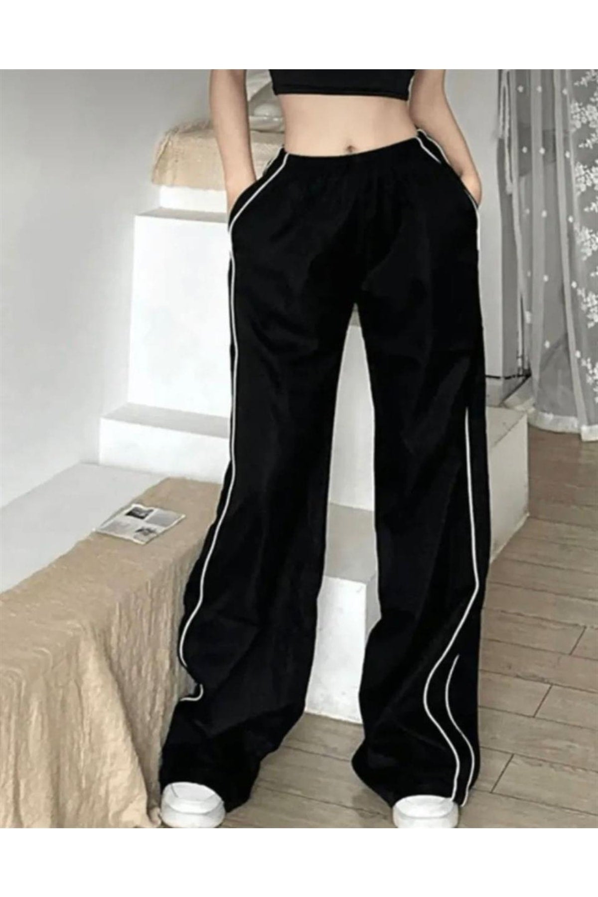 Harajuku Zip Detail Çift Çizgili Black Tracksuit Oversize Eşofman Altı
