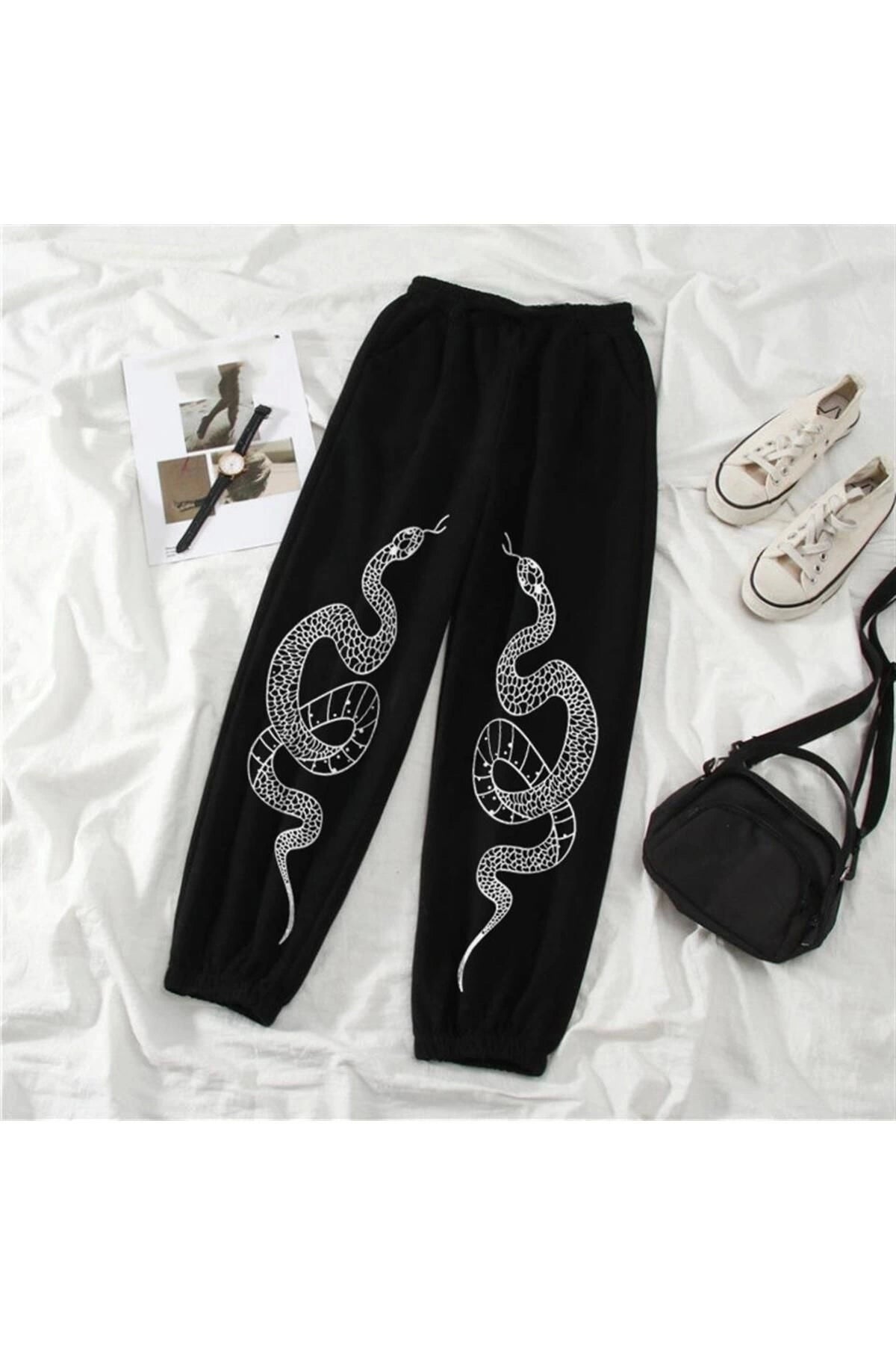 Gothic Snake Baskılı Oversize Unisex Siyah Eşofman Altı