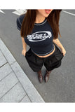 Y2K Urban Slim Fit Tam Boy Monstars Bluz Croptop - Siyah