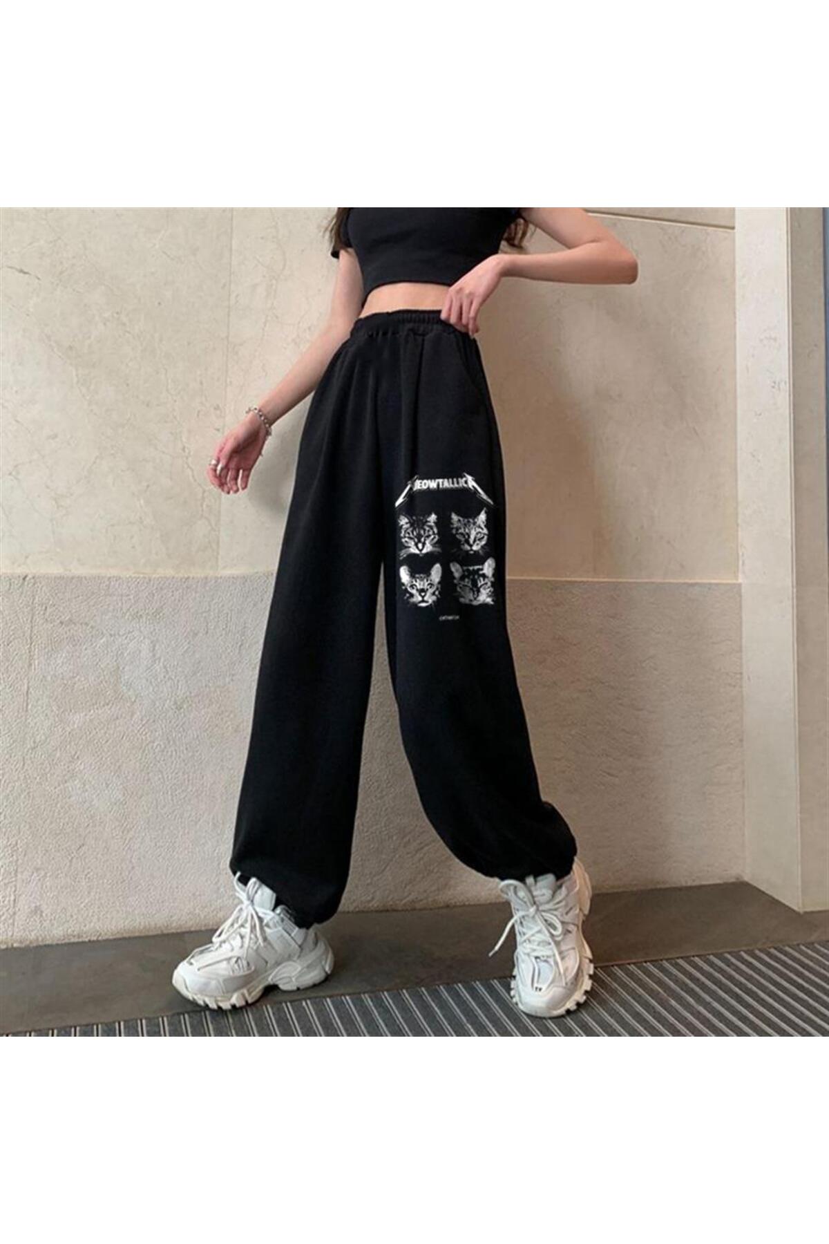 Meowtallica Baskılı Oversize Unisex Siyah Eşofman Altı