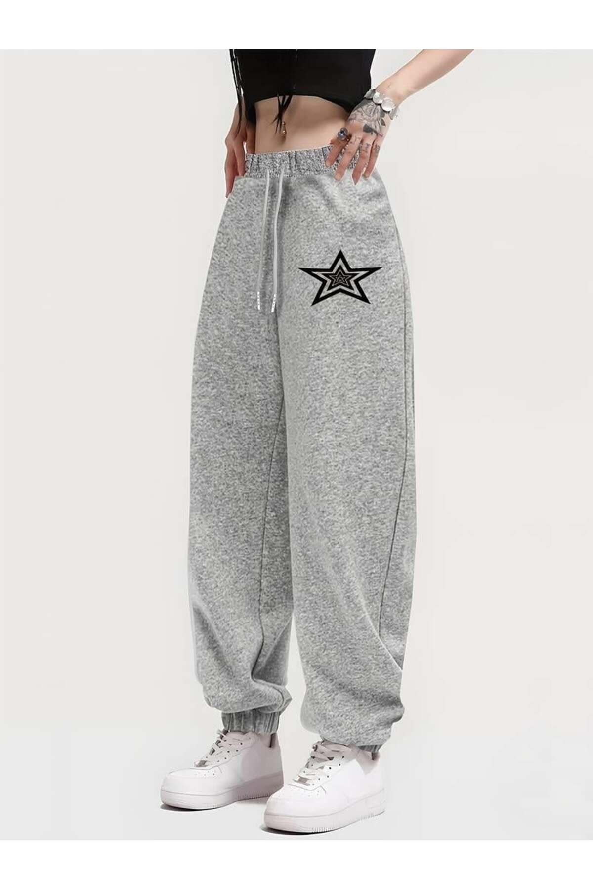 Star Baskılı Unisex Gri Eşofman Altı