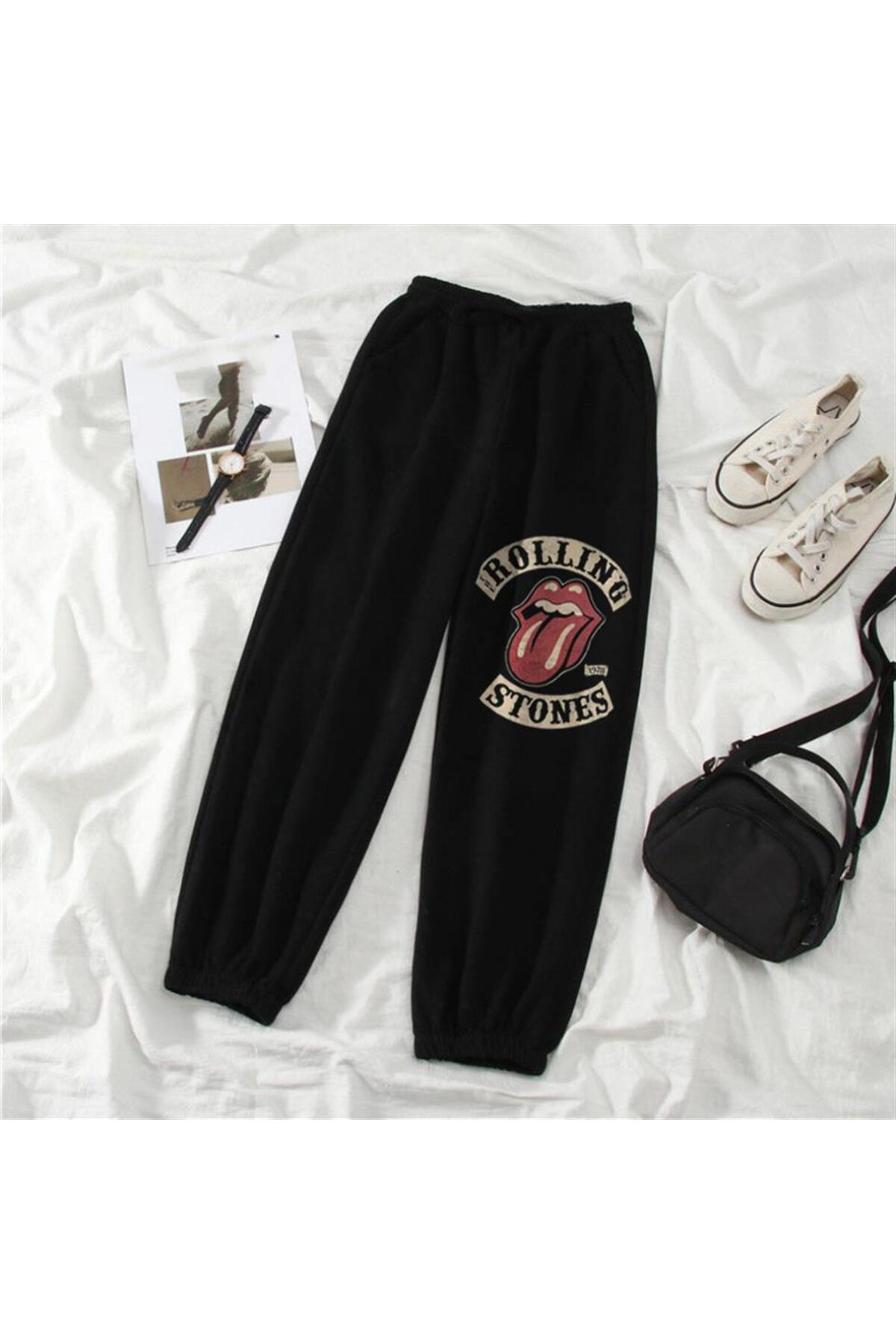 Rock Serisi Rolling Stones Vintage Baskılı Oversize Unisex Siyah Eşofman Altı