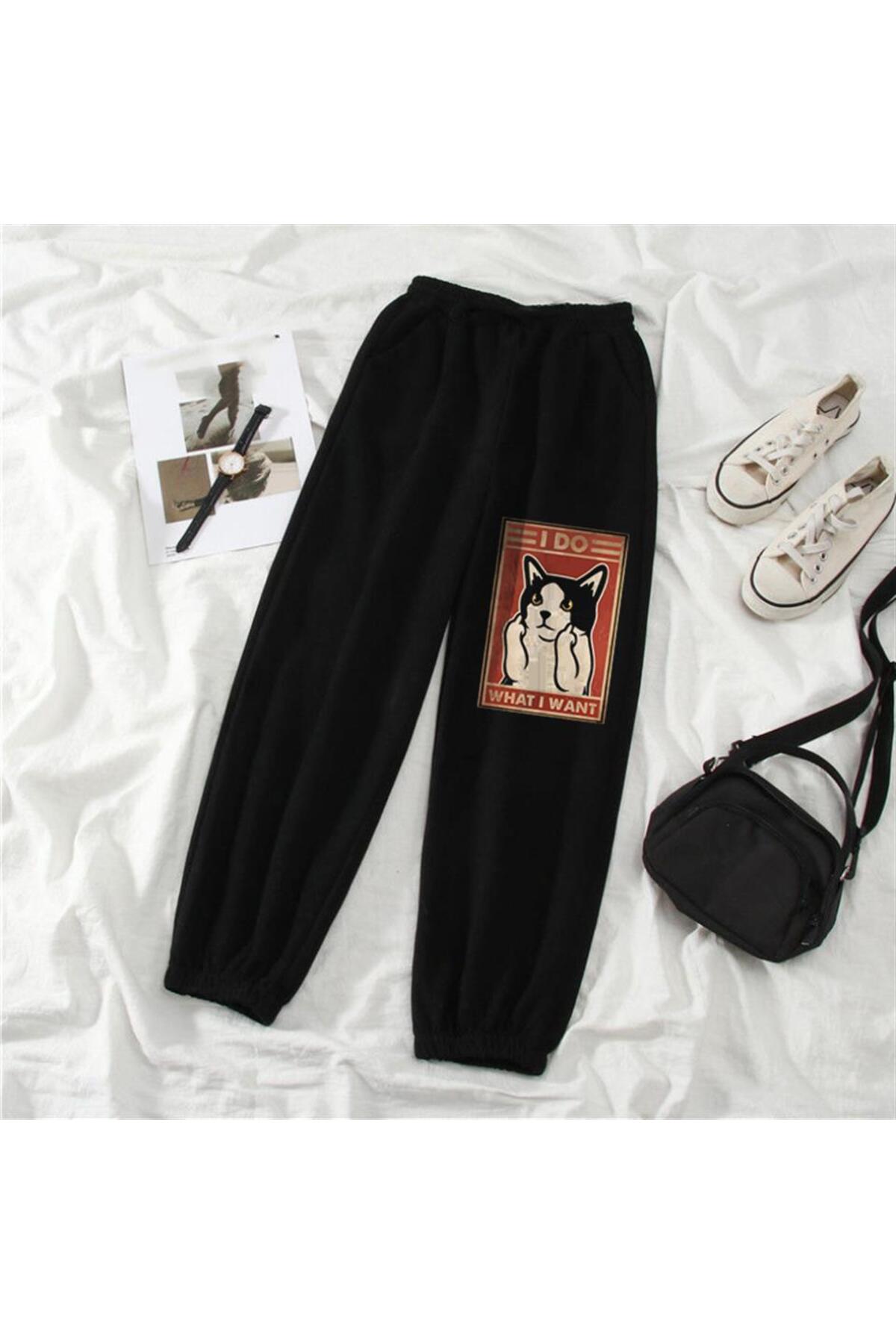 Eyl I Do What I Want Baskılı Oversize Unisex Siyah Eşofman Altı