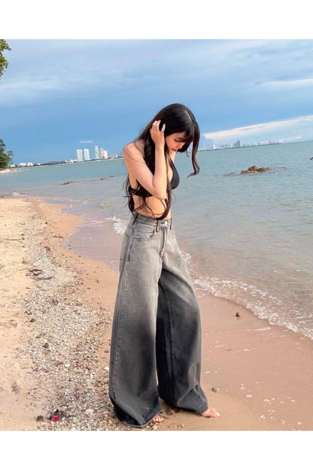 Streetwear Gri Parçalı Baggy Jean Pantolon