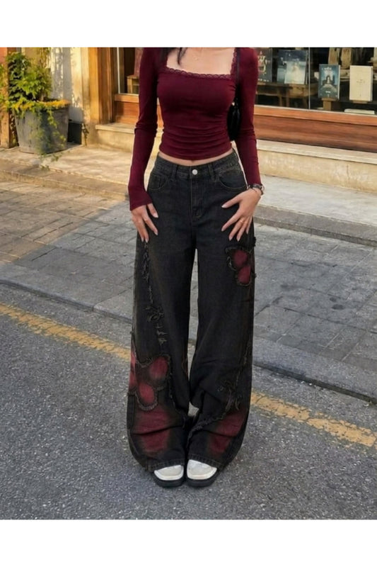 Butterfly Streetwear Baggy Black Jean's Pantolon - Siyah