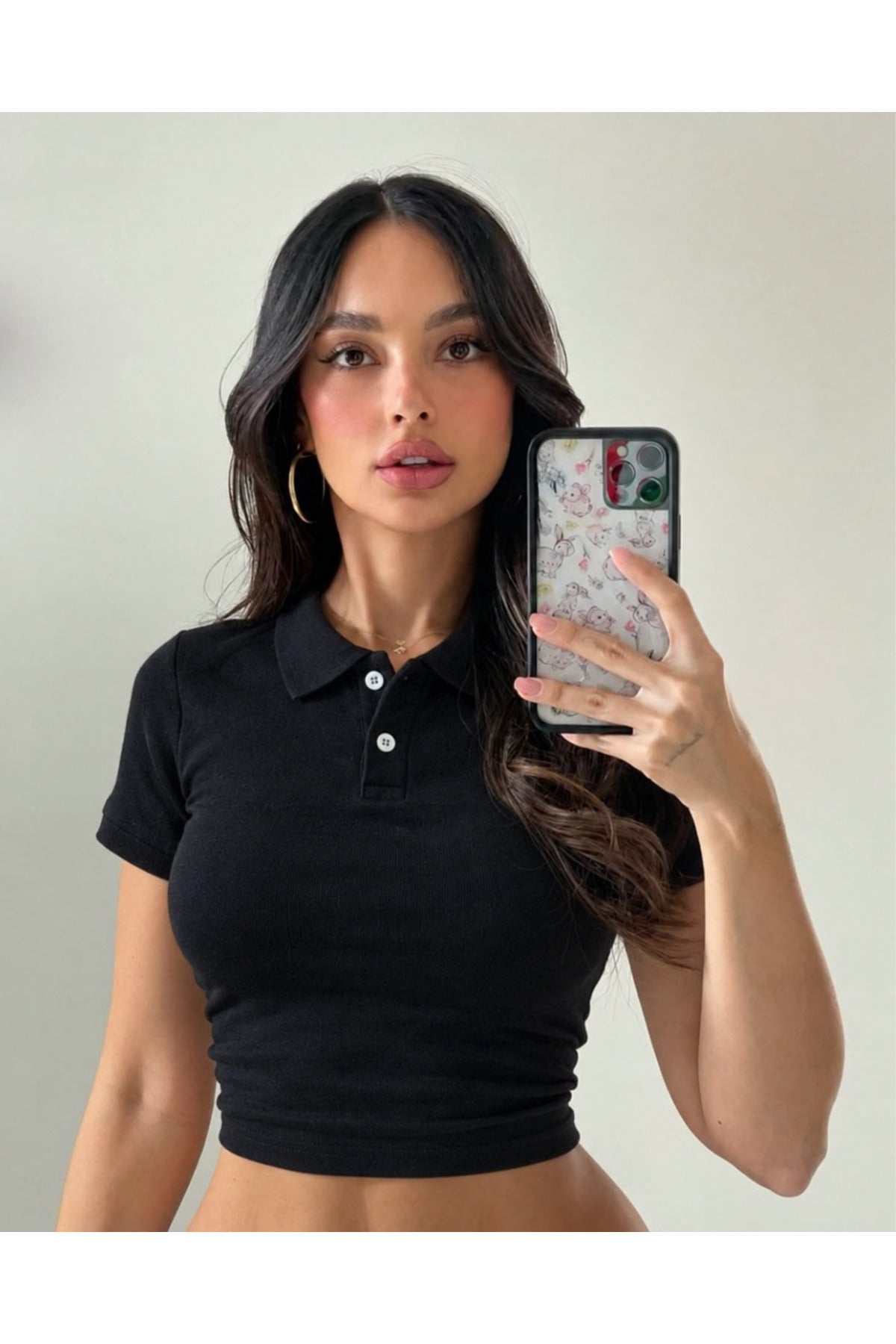 Polo Yaka Düğmeli Kısa Kollu Crop T-Shirt - Siyah