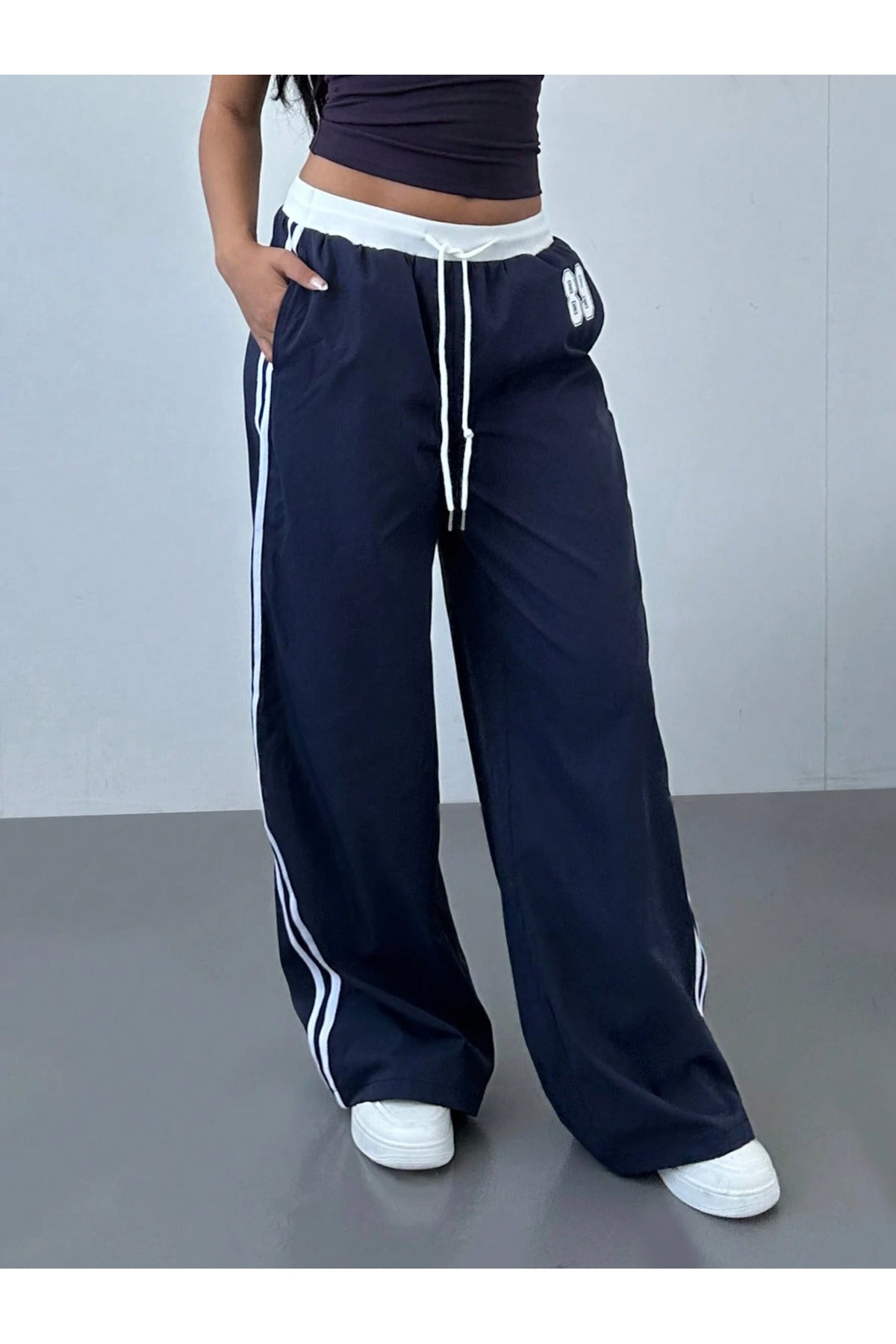89 Number Oversize Bel İp Detaylı Lacivert Baggy Eşofman Altı